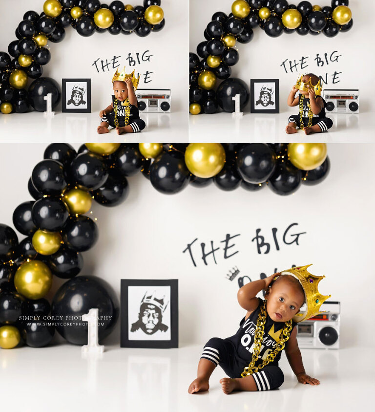 Hiram baby photographer, boy in crown for Notorious One milestone session
