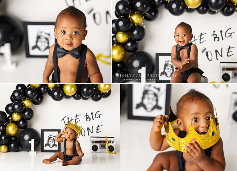 Lithia Springs baby photographer, boy with crown for Notorious One milestone session