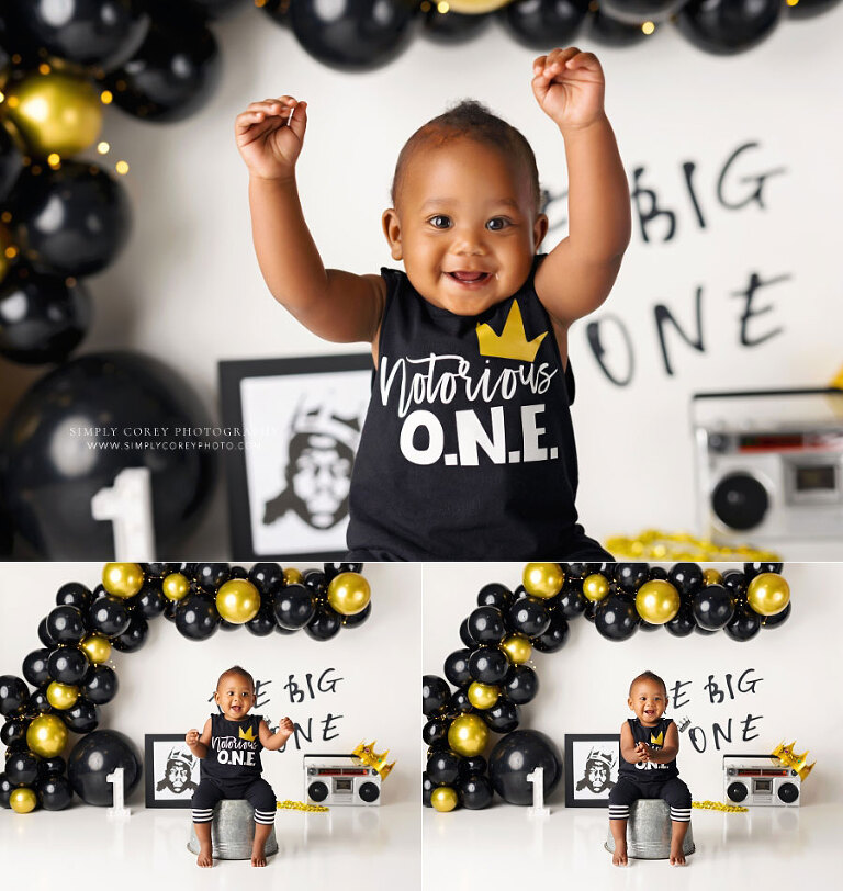 Mableton baby photographer, happy baby boy with Notorious One studio theme
