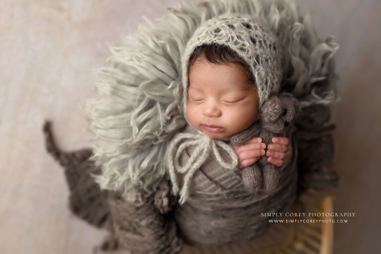 Atlanta newborn photographer, baby boy in brown tones with teddy bear