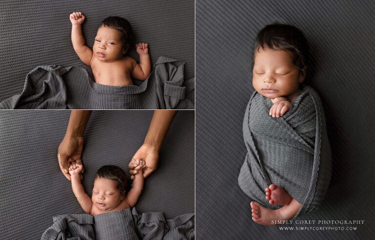 Douglasville newborn photographer, baby boy in studio with grey swaddle wrap