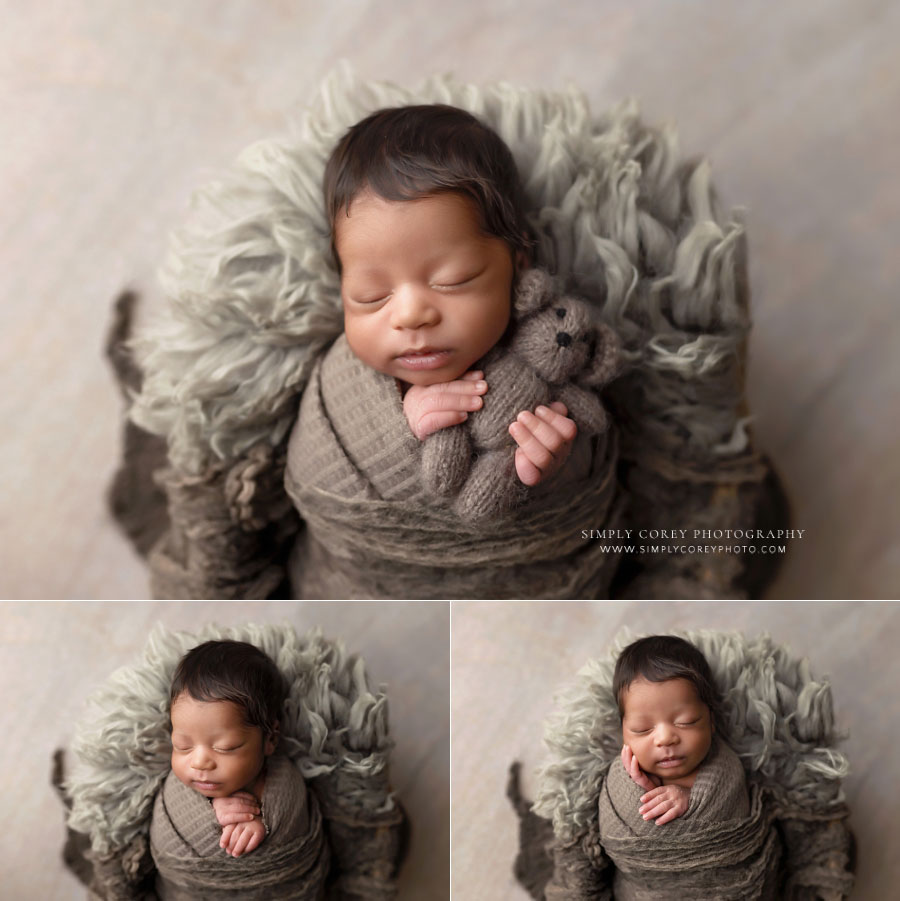 newborn photographer near Douglasville, baby boy in brown holding teddy bear