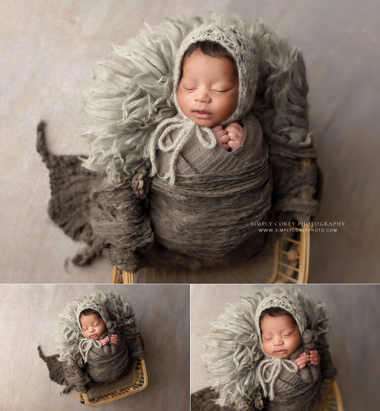 Tyrone newborn photographer, baby boy with brown swaddle and hat in basket