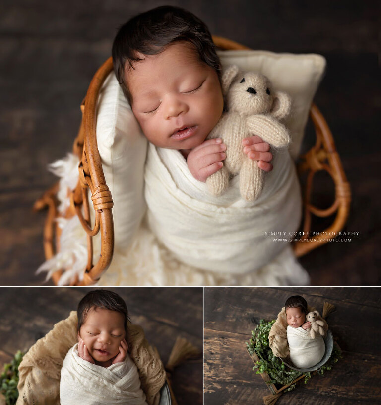 Villa Rica newborn photographer, baby boy in rattan chair with ivory swaddle and bear