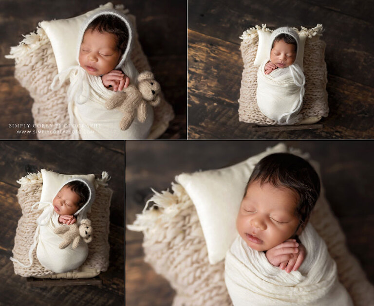 West Georgia newborn photographer, baby boy swaddled in neutral colors