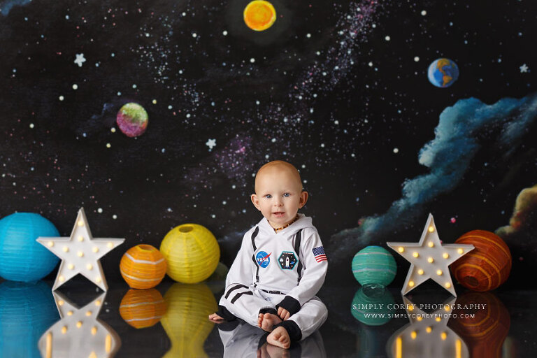Atlanta baby photographer, outer space studio set with planets