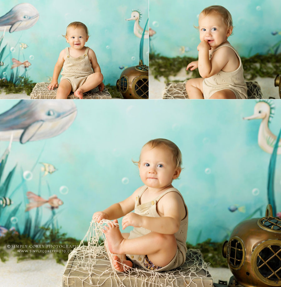 baby photographer near Villa Rica, ocean one year milestone set