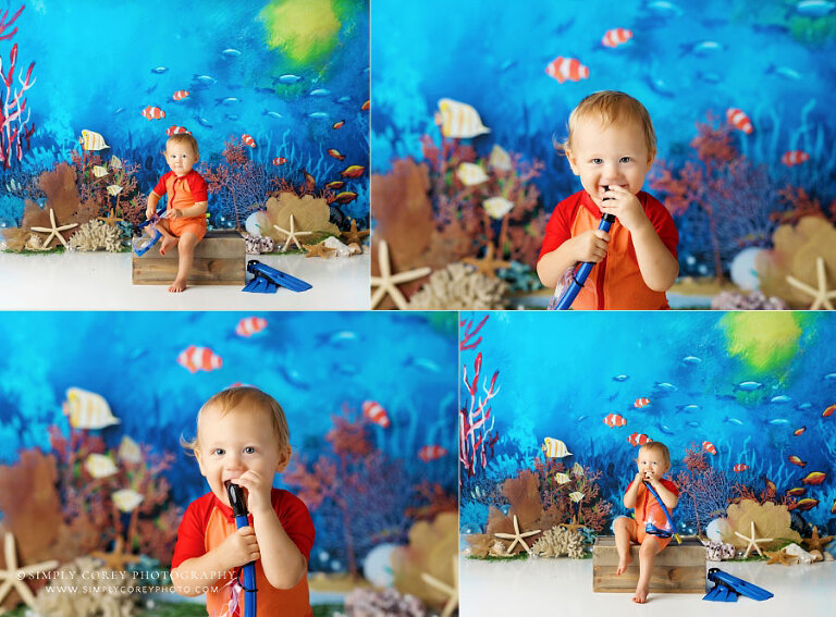 Bremen baby photographer, boy in scuba set for ocean cake smash