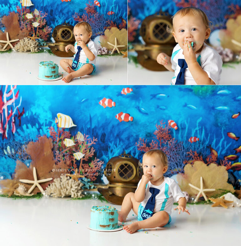 cake smash photographer near Carrollton, GA; baby boy with ocean studio set