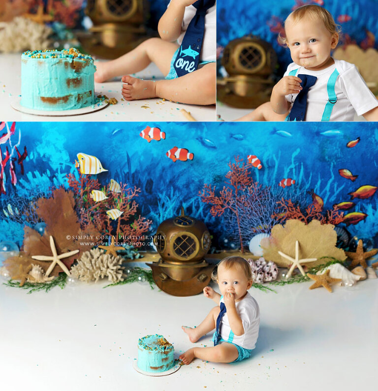 cake smash photographer near Villa Rica, baby boy with ocean studio set for first birthday