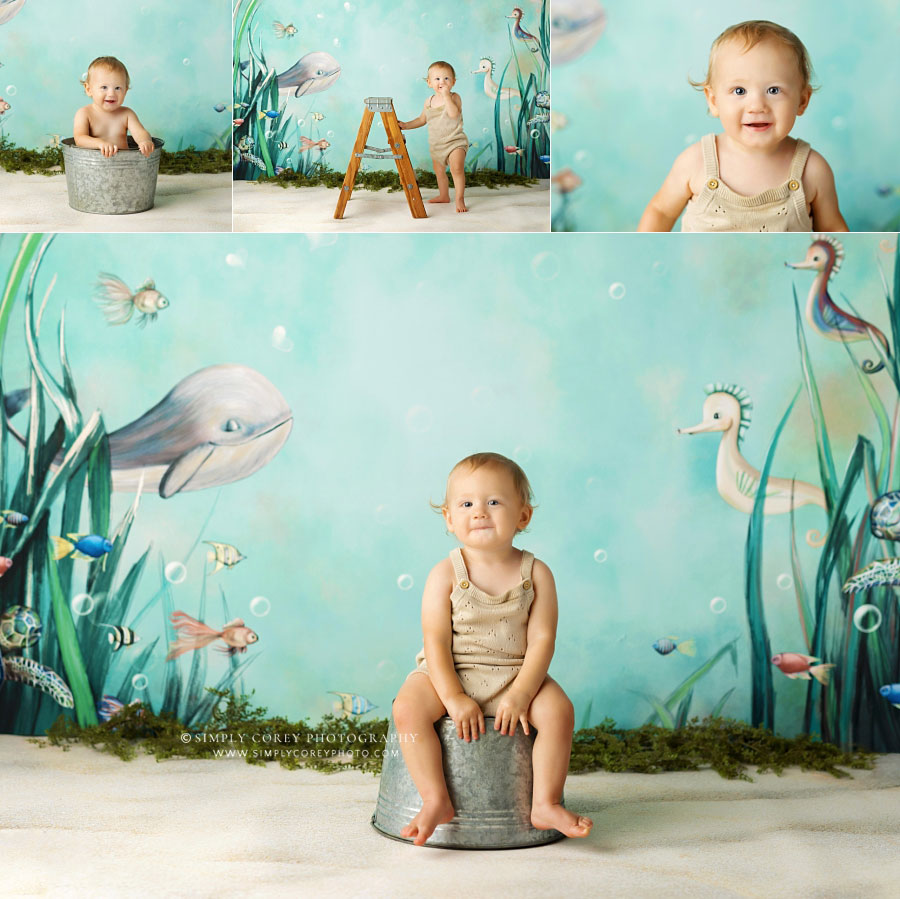 Douglasville baby photographer, boy with bucket for ocean milestone session