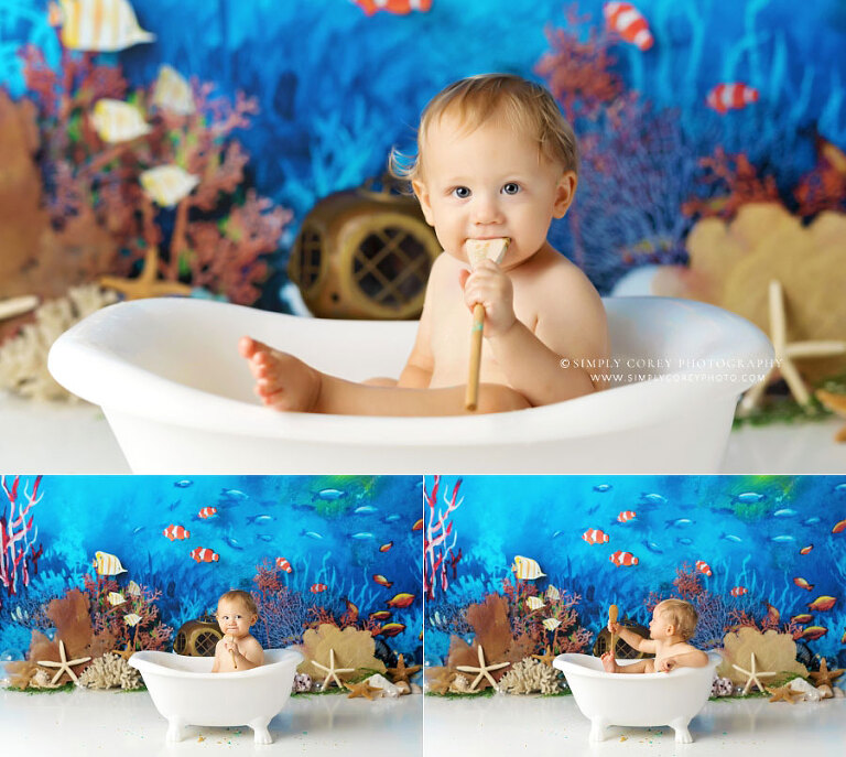 Newnan cake smash photographer, baby boy in bath tub with ocean studio set