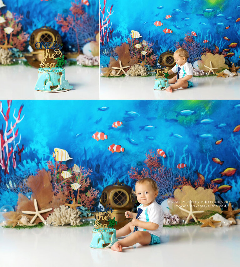 Tyrone cake smash photographer, baby boy with ocean studio set