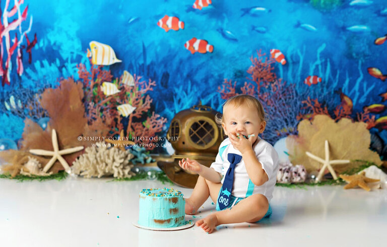 Villa Rica cake smash photographer, baby boy ocean studio theme