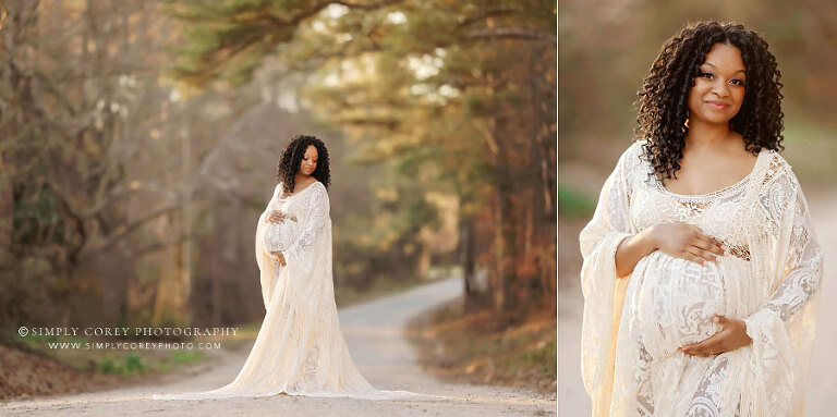 Douglasville maternity photographer, outdoor portraits in lace boho dress
