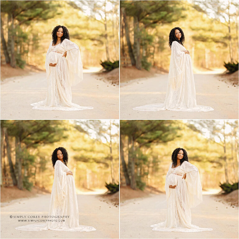 maternity photographer near Villa Rica, outdoor portraits on country road with lace dress
