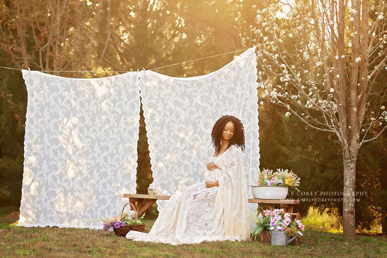 Tyron maternity photographer, outdoor set with lace curtains in spring