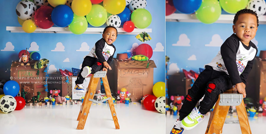 baby photographer near Hiram, boy on ladder during birthday studio session