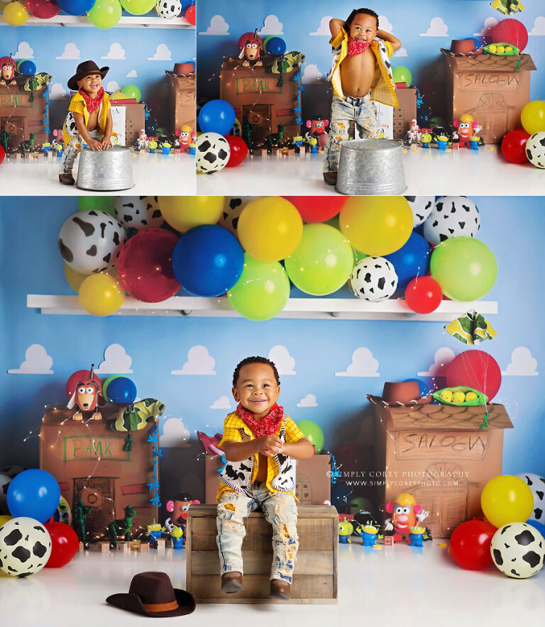baby photographer near Mableton, toy themed birthday session in studio
