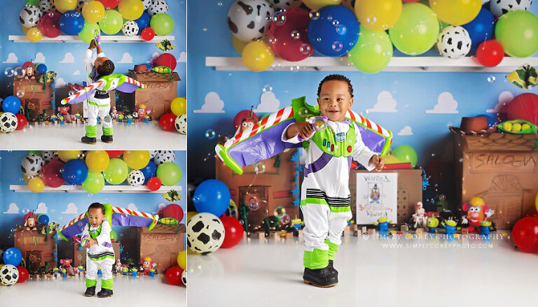 Villa Rica baby photographer, birthday portraits with toy themed studio set