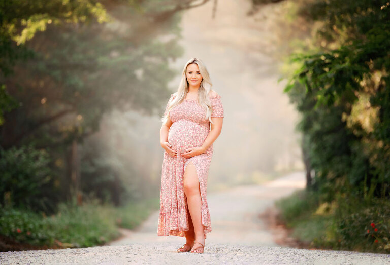 Atlanta maternity photographer, outdoor portrait in sundress on country road