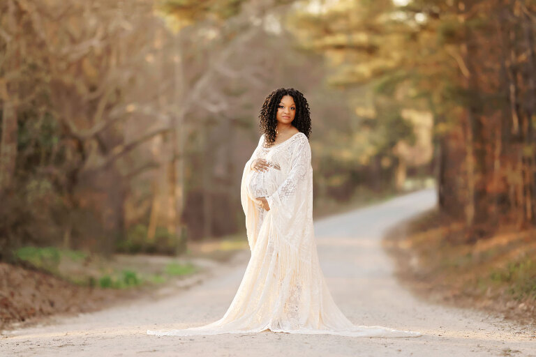 Newnan maternity photographer, outdoor portrait in lace boho dress on country road