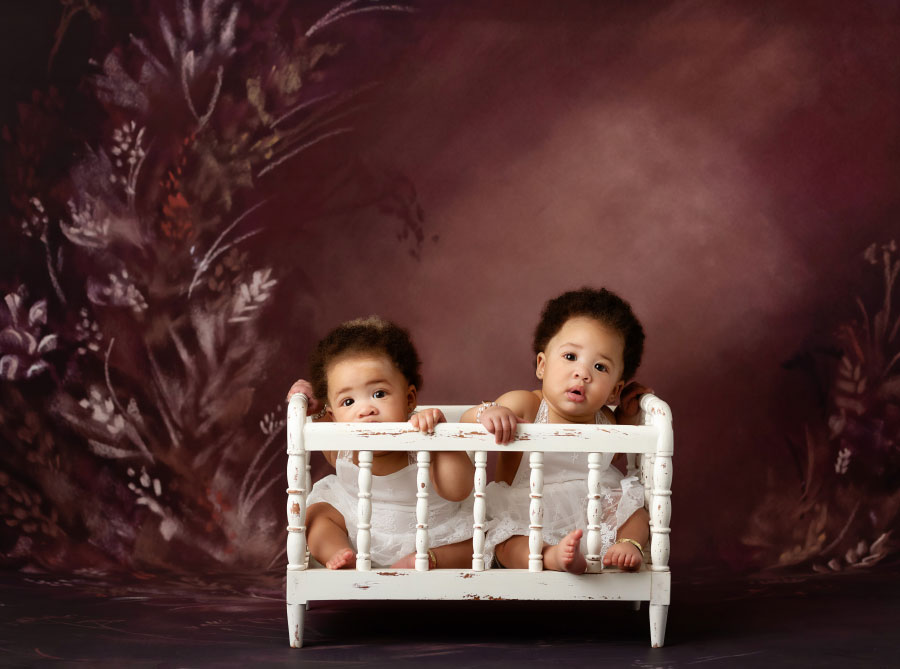 Mableton baby photographer, twins in white crib for simple milestone session