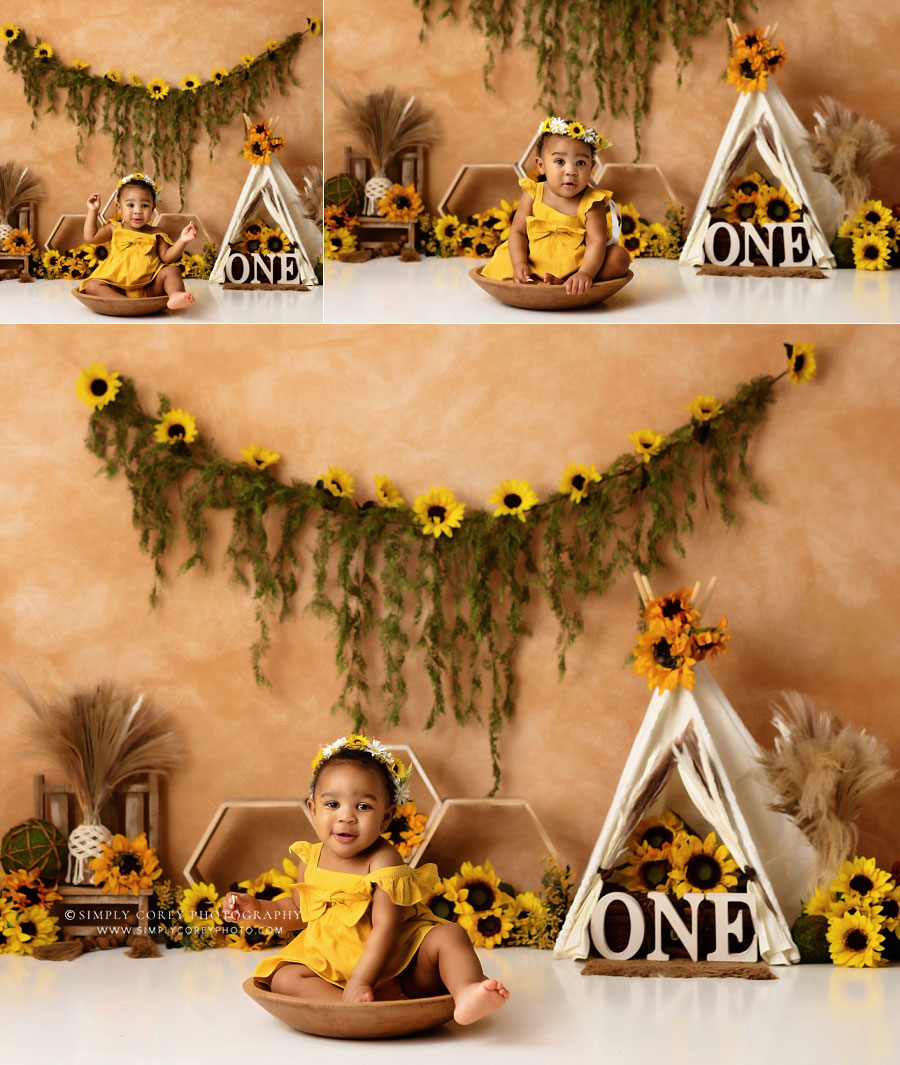 baby photographer near Carrollton, GA; sunflower first birthday session