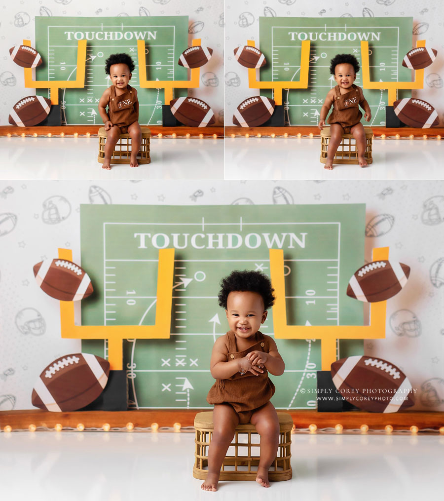 baby photographer near Douglasville, football studio set for first birthday