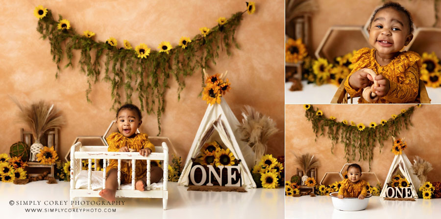 baby photographer near Powder Springs, smiley girl on sunflower studio set