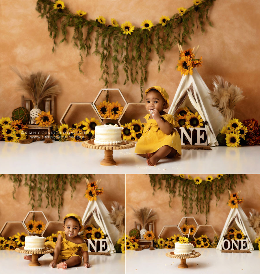 cake smash photographer near Carrollton, GA; sunflower set for baby girl