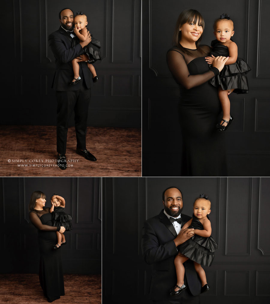 Carrollton family photographer in GA, mom and dad with baby studio portraits