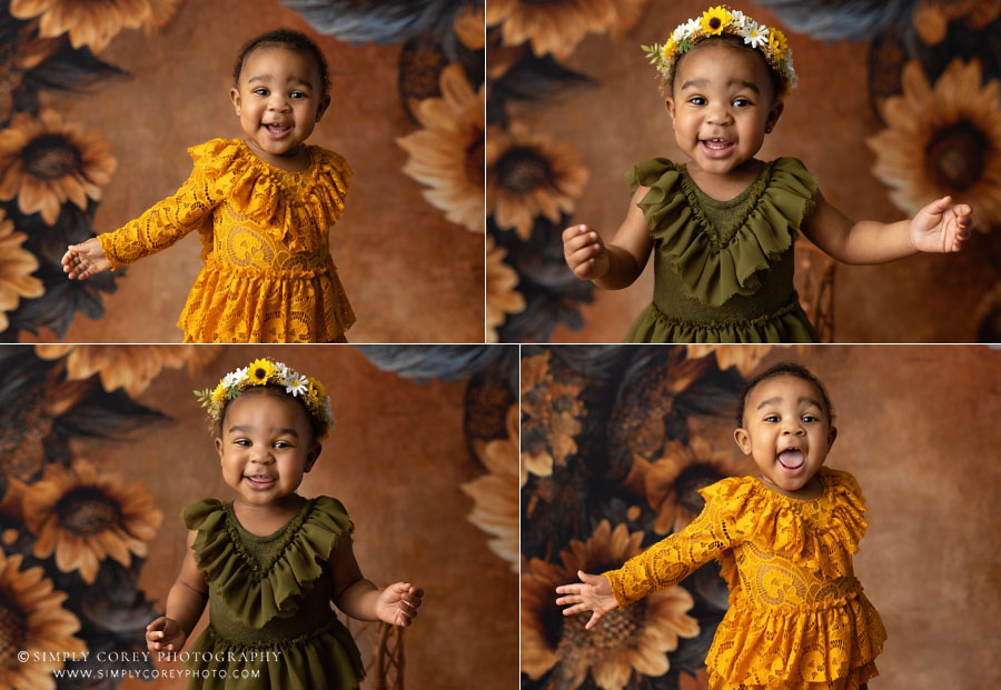 Fairburn baby photographer, girl on sunflower studio backdrop