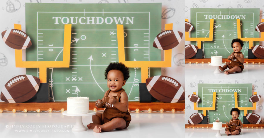 Fairburn cake smash photographer, baby boy with football first birthday