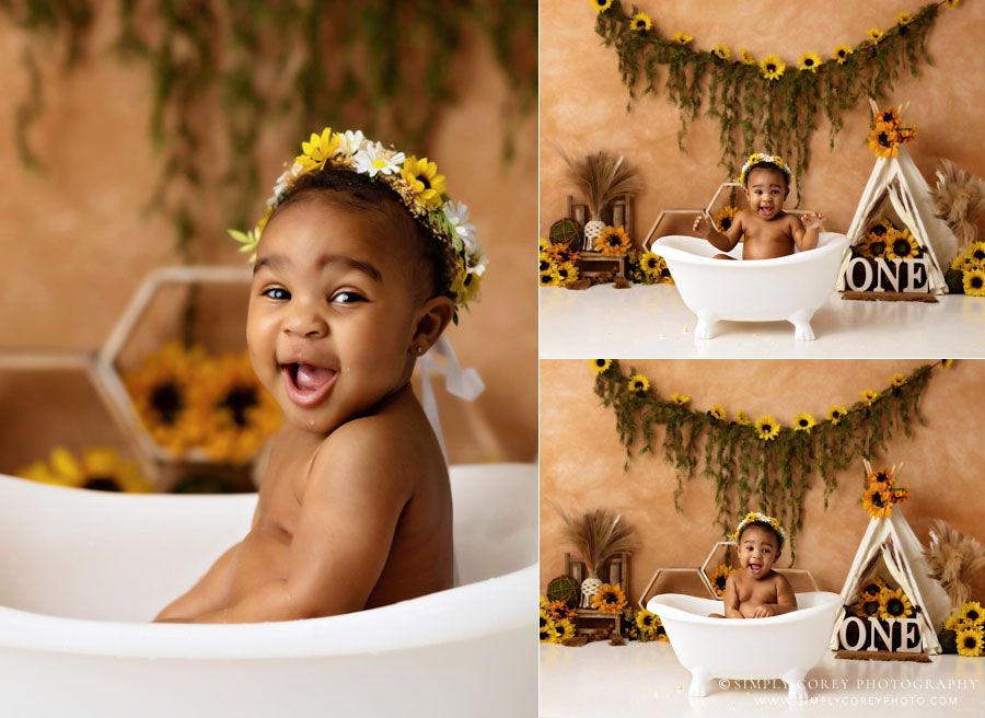 Newnan baby photographer, tub photos after boho sunflower cake smash