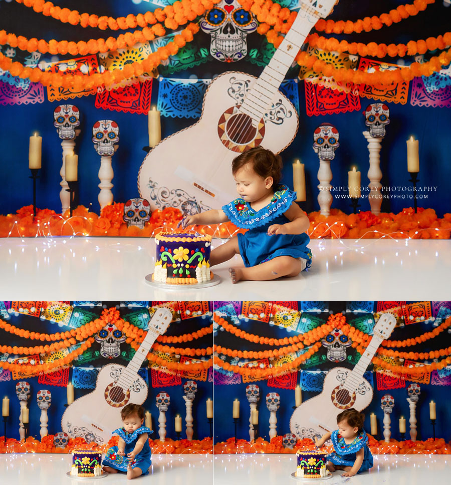 Villa Rica cake smash photographer, sugar skull first birthday set for baby girl