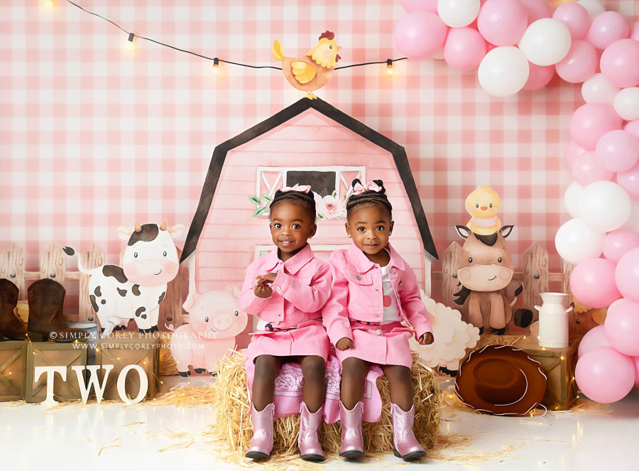 Atlanta baby photographer, twin 2 year olds with pink farm studio theme