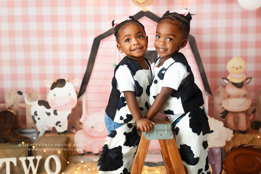 Atlanta children's photographer, twin girls farm studio session for 2nd birthday