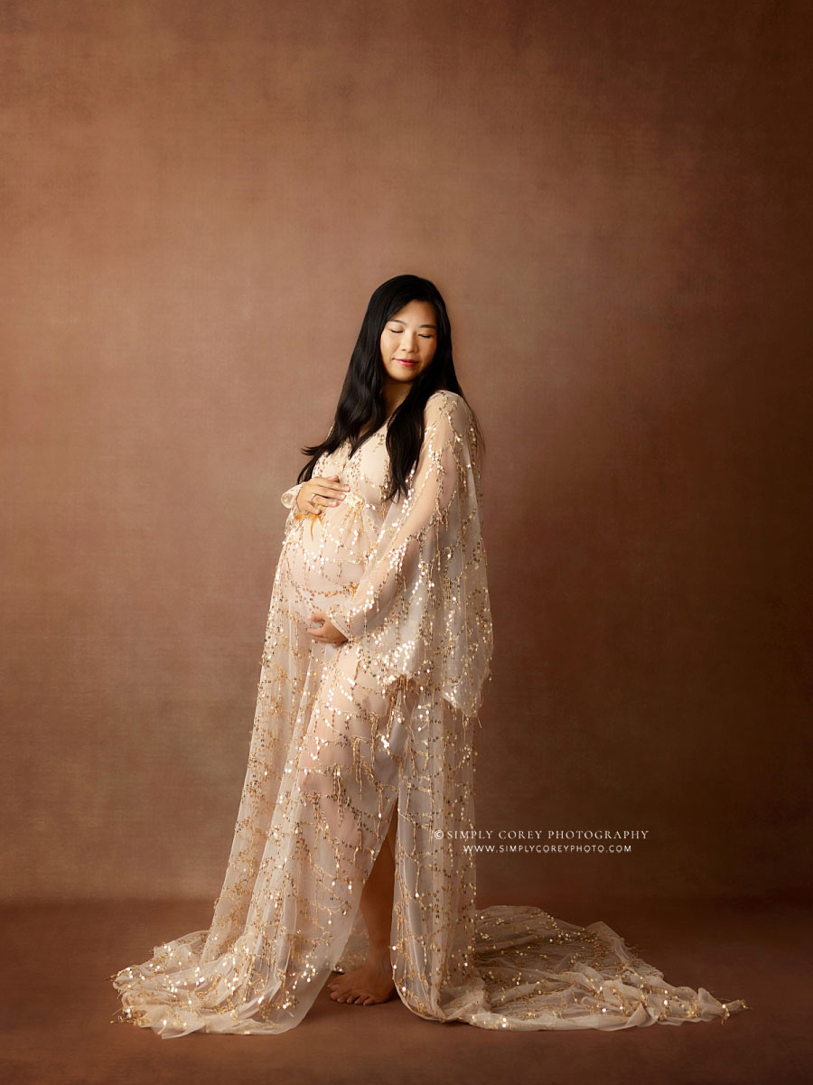 Atlanta maternity photographer, studio portrait in boho lace dress