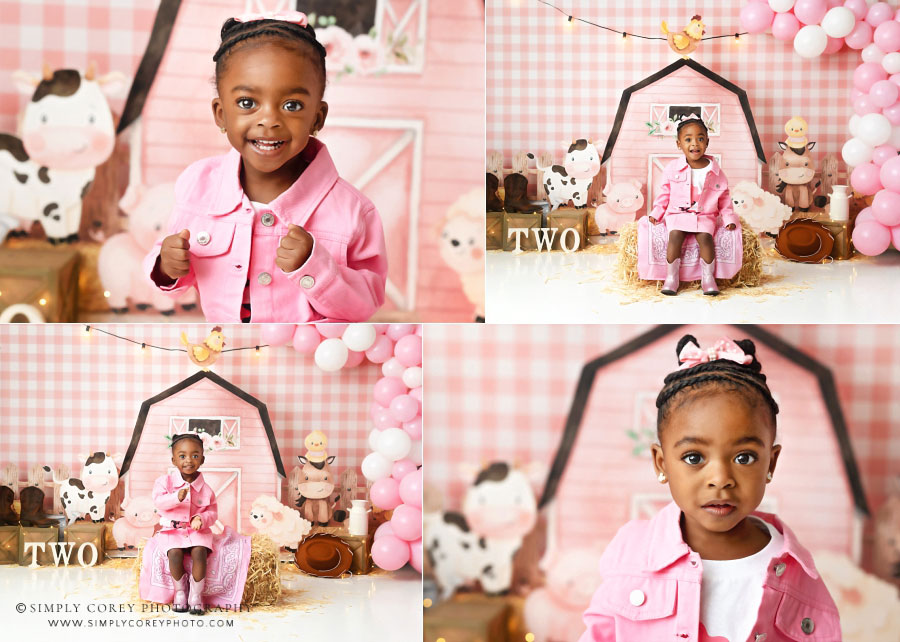 baby photographer near Carrollton, GA; twin girls with pink farm theme