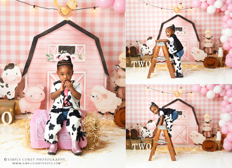 Carrollton children's photographer in GA, pink farm set for baby turning two