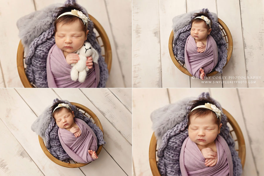 Carrollton newborn photographer in GA, baby girl in lavender swaddle