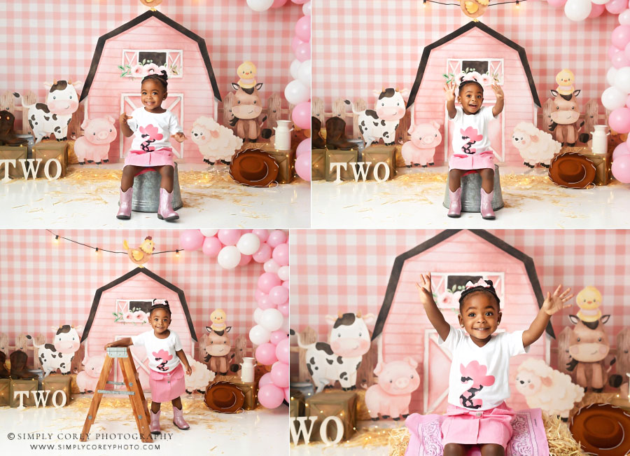 Fairburn baby photographer, pink barn studio session, for girls turning two
