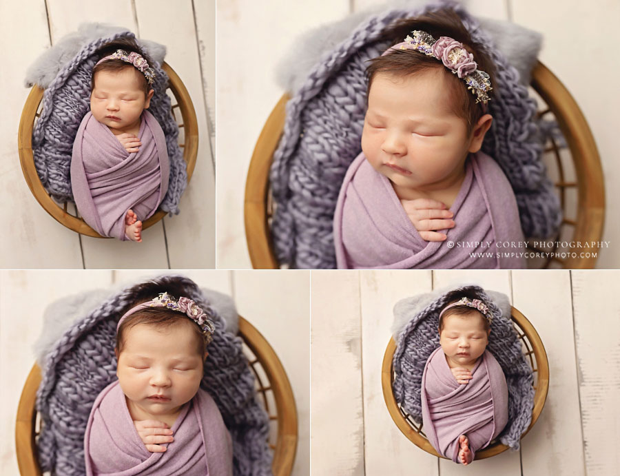 newborn photographer near Carrollton, GA; baby in purple swaddle