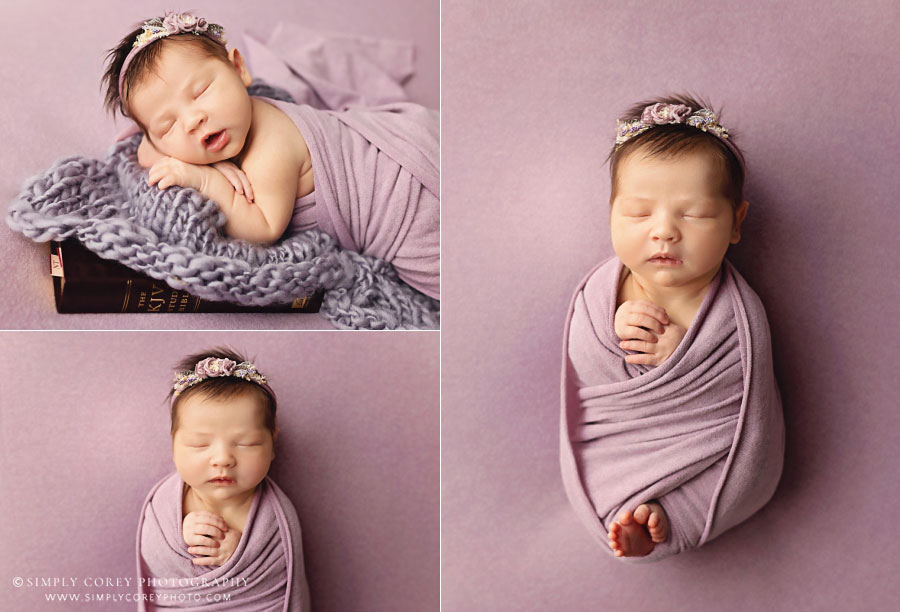 newborn photographer near Villa Rica, baby girl in purple with Bible in studio