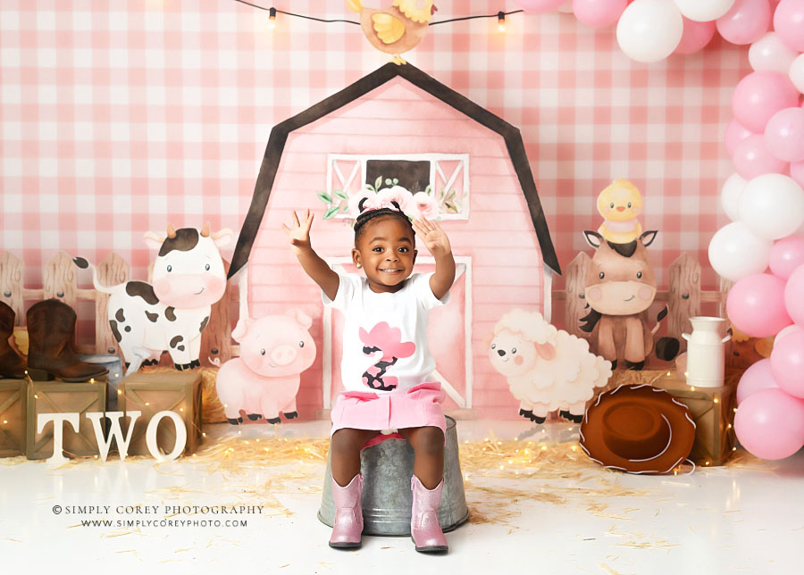 Newnan baby photographer, pink barn studio theme for second birthday