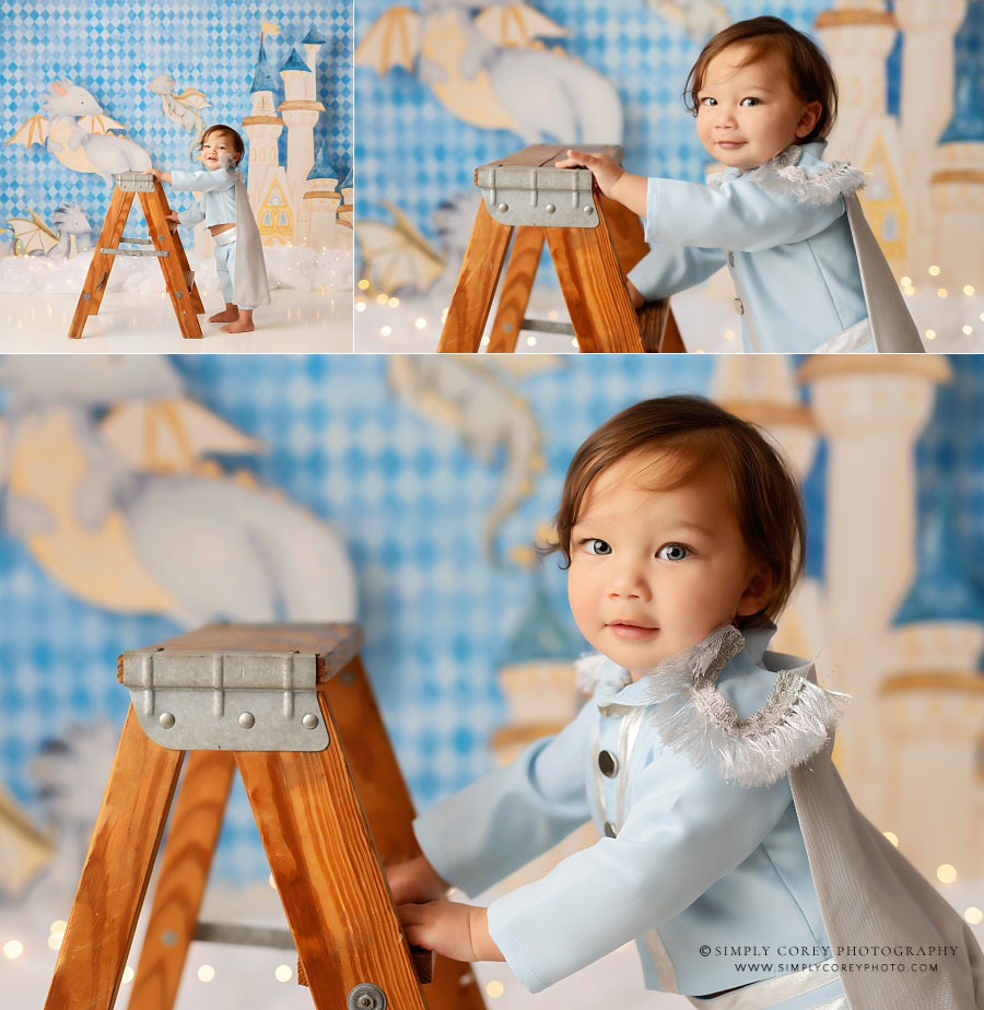 baby photographer near Douglasville, boy with ladder on blue prince studio set
