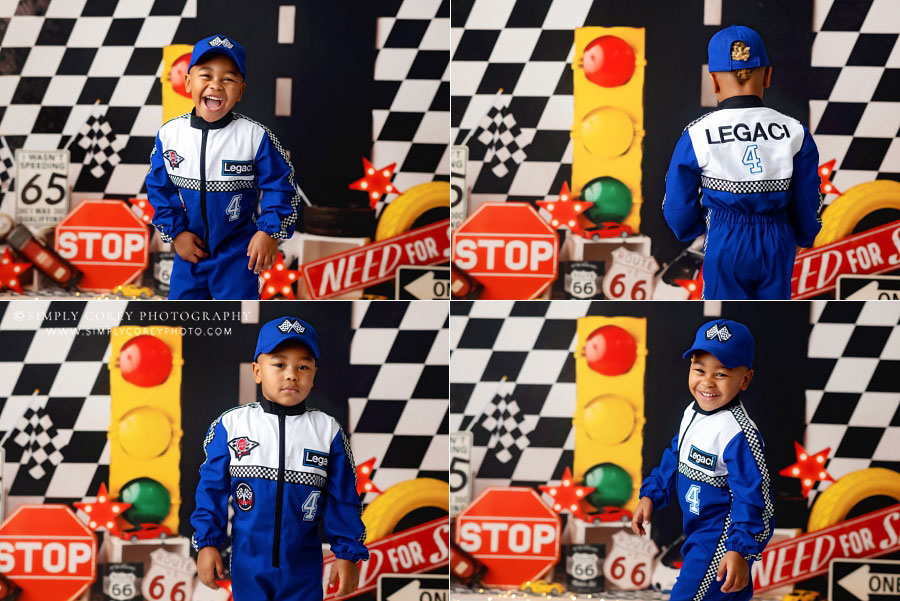 Carrollton children's photographer in GA, boy with race car studio set for birthday