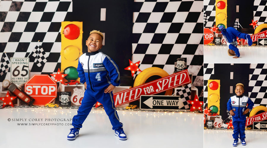 Fairburn children's photographer, boy on race car studio set for fourth birthday photos