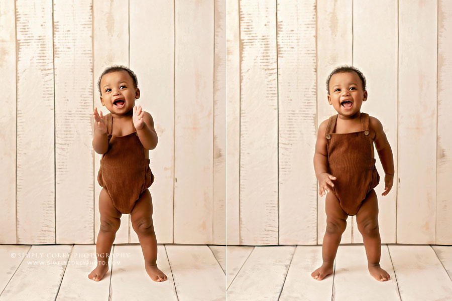 Atlanta baby photographer, studio one year milestone session with wood backdrop